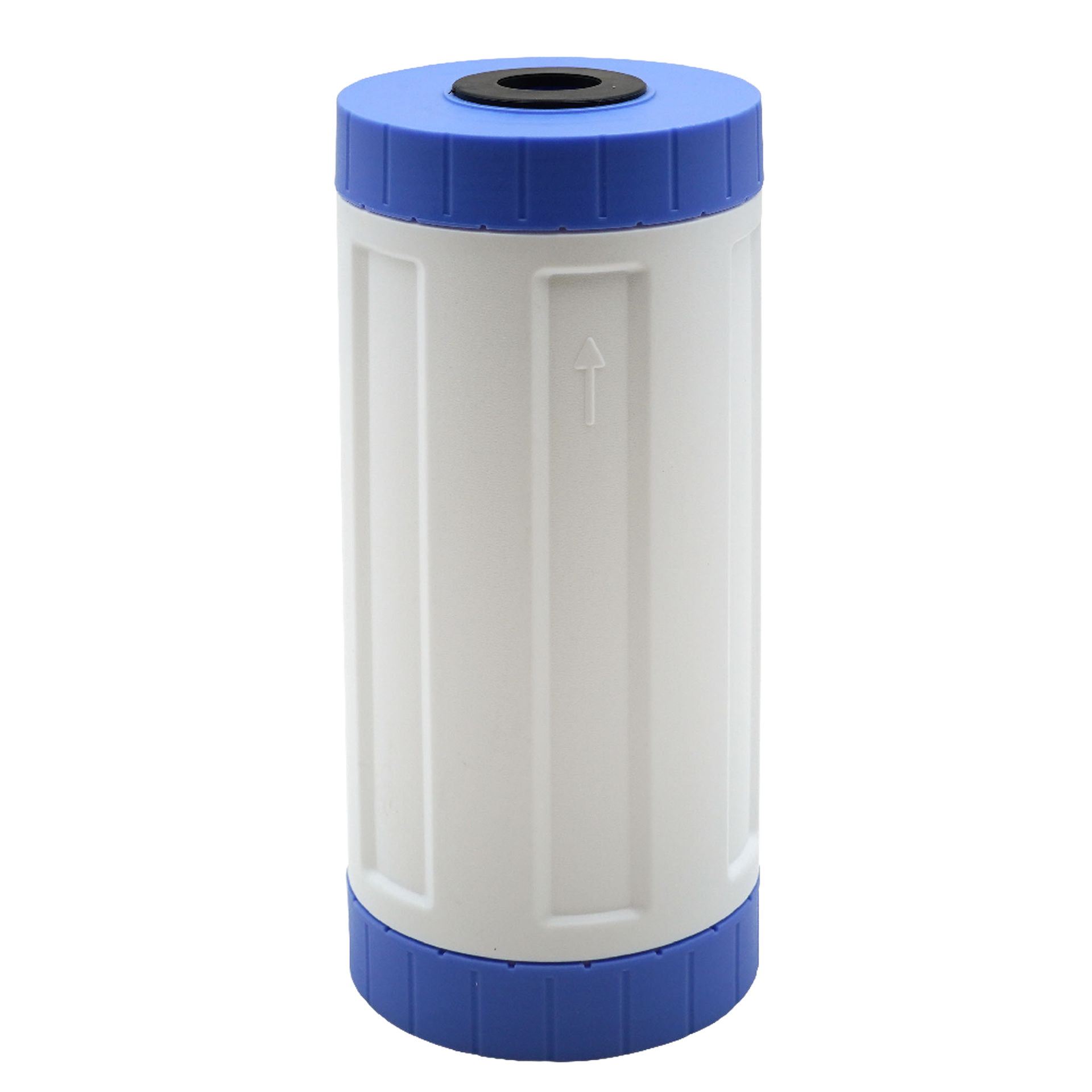 White and blue water filter cartridge, cylindrical with a black opening on top and arrow indicator.