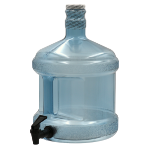 Blue plastic water jug with handle, sealed cap.