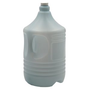 Blue plastic water jug with handle, sealed cap.