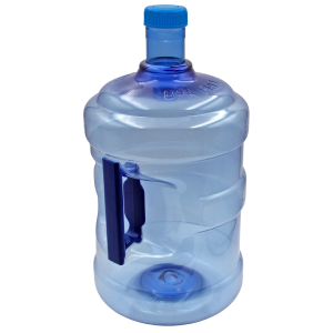 Blue plastic water jug with handle, sealed cap.
