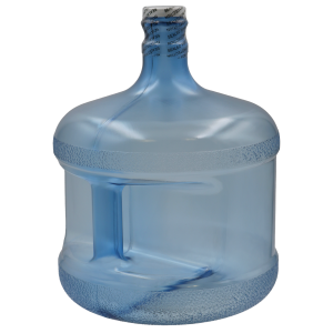 Blue plastic water jug with handle, sealed cap.