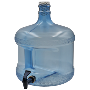 Blue plastic water jug with handle, sealed cap.
