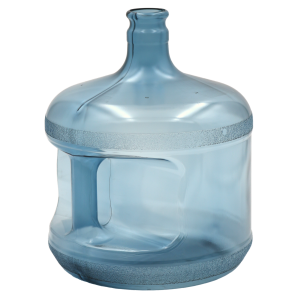 Blue plastic water jug with handle, sealed cap.