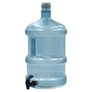Blue plastic water jug with handle, sealed cap.