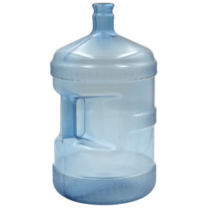 Blue plastic water jug with handle, sealed cap.