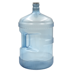 Blue plastic water jug with handle, sealed cap.