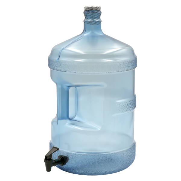 Clear glass jug with handle and white cap.