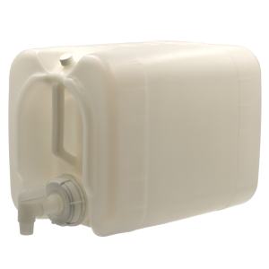 Blue plastic water jug with handle, sealed cap.