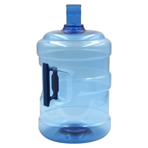 Blue plastic water jug with handle, sealed cap.