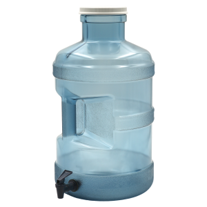 Clear glass jug with handle and white cap.