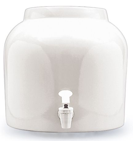 White ceramic beverage dispenser with spigot.