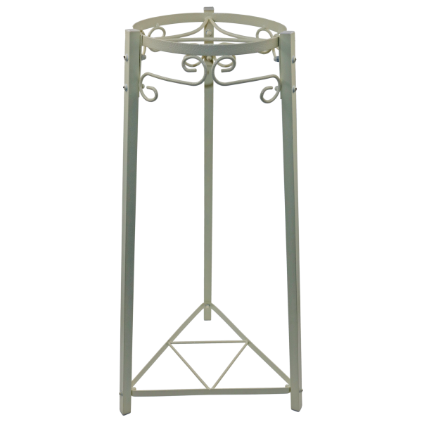 Cream-colored metal plant stand with ornate top and triangular base, empty.