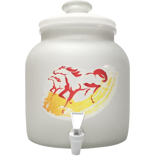 White ceramic drink dispenser with lid, spigot, and painted image of red and white horses on a yellow background.