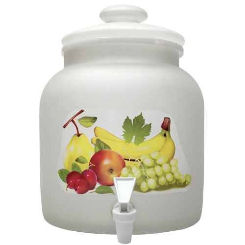 White ceramic beverage dispenser with fruit decal and spigot.