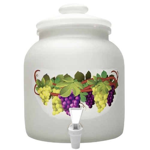 White ceramic beverage dispenser with grapes design.
