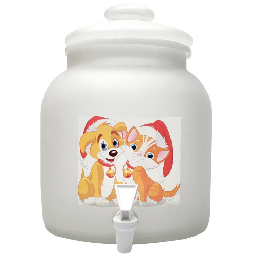 White ceramic jar with a cartoon puppy and kitten wearing Santa hats, a spigot, and a lid.