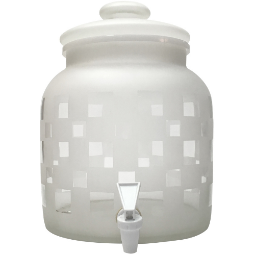 White ceramic beverage dispenser with checkered pattern and spigot.