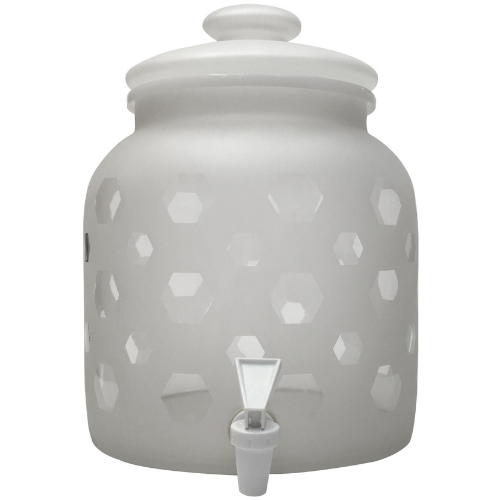 White ceramic beverage dispenser with honeycomb pattern and spigot.