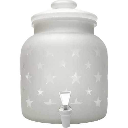 Frosted glass beverage dispenser with star pattern and spigot, white lid.