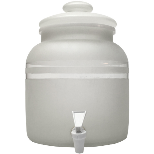 Frosted white beverage dispenser with lid and spigot.