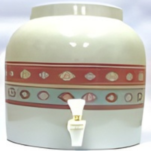 Cream-colored ceramic water dispenser with decorative bands of red and turquoise; white spigot.
