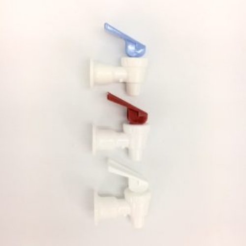 Three white plastic water dispenser faucets, each with a different colored lever: blue, red, and white.