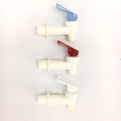 Three white plastic spigots with blue, red, and white handles, angled on a white surface.