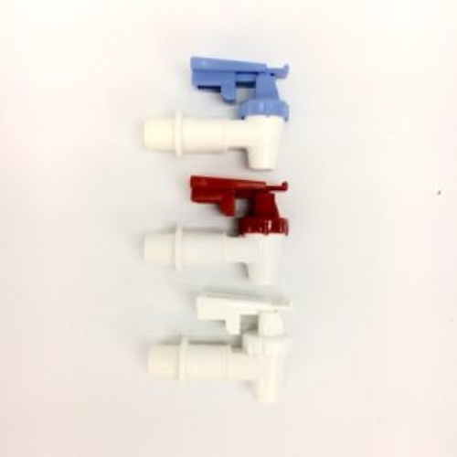 Three plastic spigots, white with blue, red, and white handles.