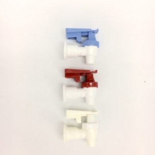 Three plastic water dispenser spouts: blue, red, and off-white, arranged vertically on a white surface.