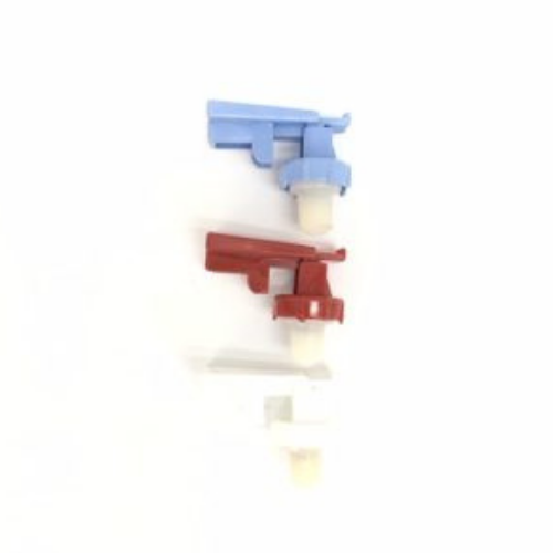Three plastic water cooler spouts, blue, red, and white, stacked vertically.