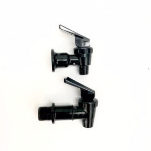 Two black plastic spigots with lever handles.