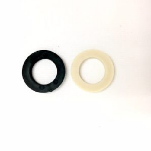 Two circular washers, one black, one off-white, on a white background.