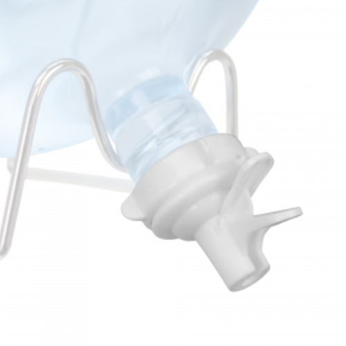 White plastic water bottle spout attached to a large water jug in a metal stand.