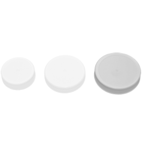 Three white plastic jar lids of varying sizes, arranged horizontally.