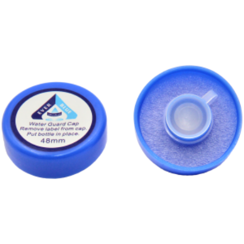 Two blue water bottle caps: one showing top, the other showing underside with white filter, text on top cap.