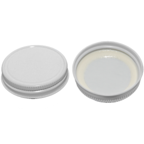 Two white jar lids, one closed and the other open showing a white liner.