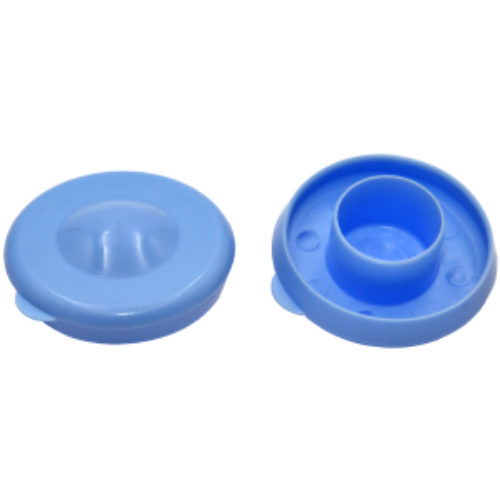 Two light blue plastic water jug caps, one closed and one open.