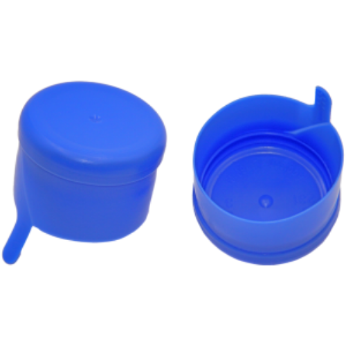 Two blue plastic water jug caps, one closed, one open.