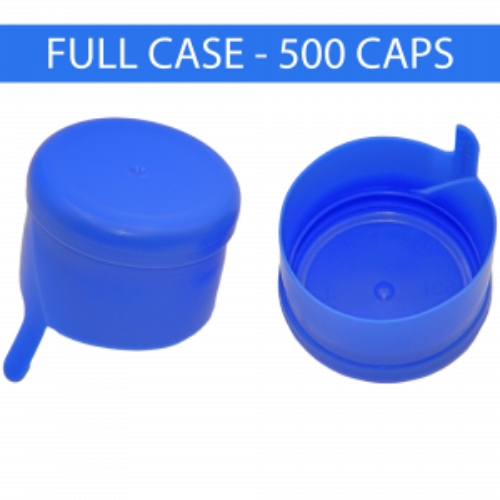Blue plastic water bottle caps with pull tabs, full case of 500.