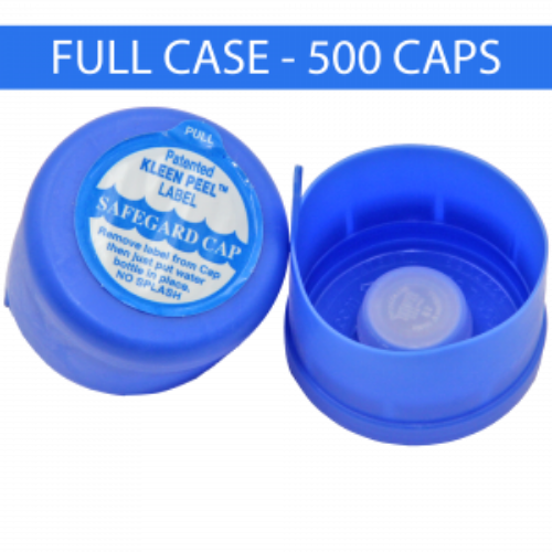 Blue water bottle caps, one with label, the other open, revealing a white insert. 