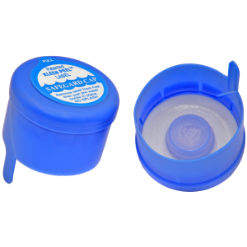 Two blue water bottle caps: one closed with a label, one open showing the inside.