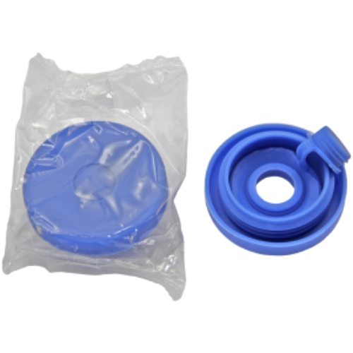 Blue plastic shaker bottle lid, one sealed in a clear bag and one shown open.