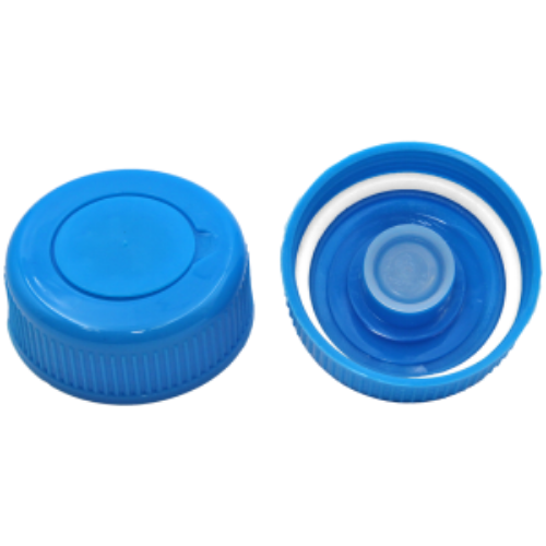 Two blue plastic bottle caps, one closed, one open showing white seal.
