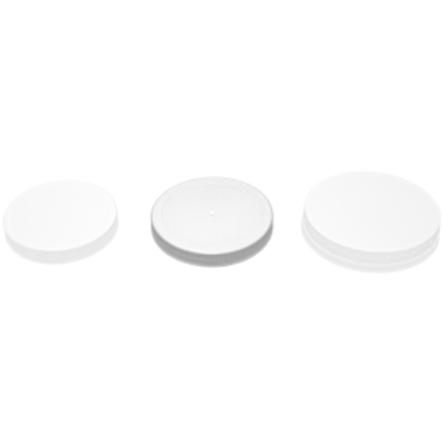 Three white, circular lids of varying sizes on a white background.