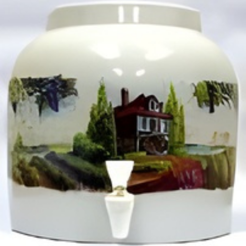 Cream-colored ceramic water dispenser with a landscape scene, including a house and trees.