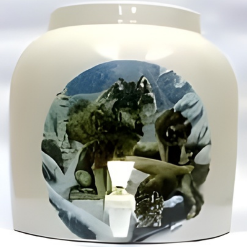 White ceramic water dispenser with cherub painting and white spigot.