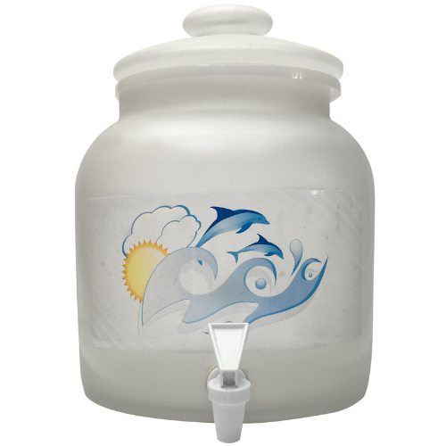 White ceramic drink dispenser with dolphin graphic and spigot.