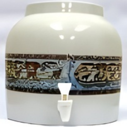 White ceramic water dispenser with cherub painting and white spigot.