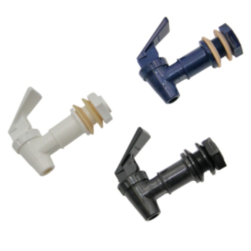 Three plastic drink dispenser spouts: white, blue, and black. Each has a lever handle and rubber washers.