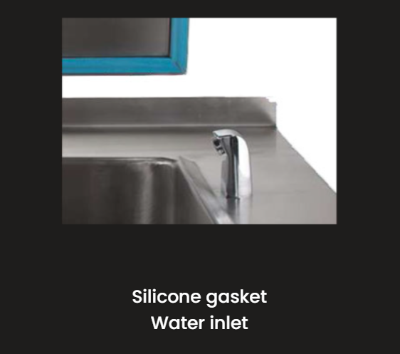 A stainless steel sink with a silicone gasket water inlet